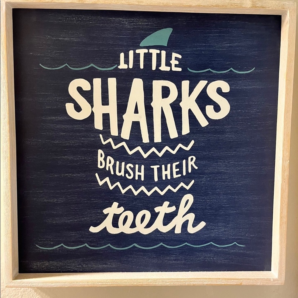 Pottery Barn Kids Little Sharks Brush Their Teeth Wooden Wall Bathroom Sign